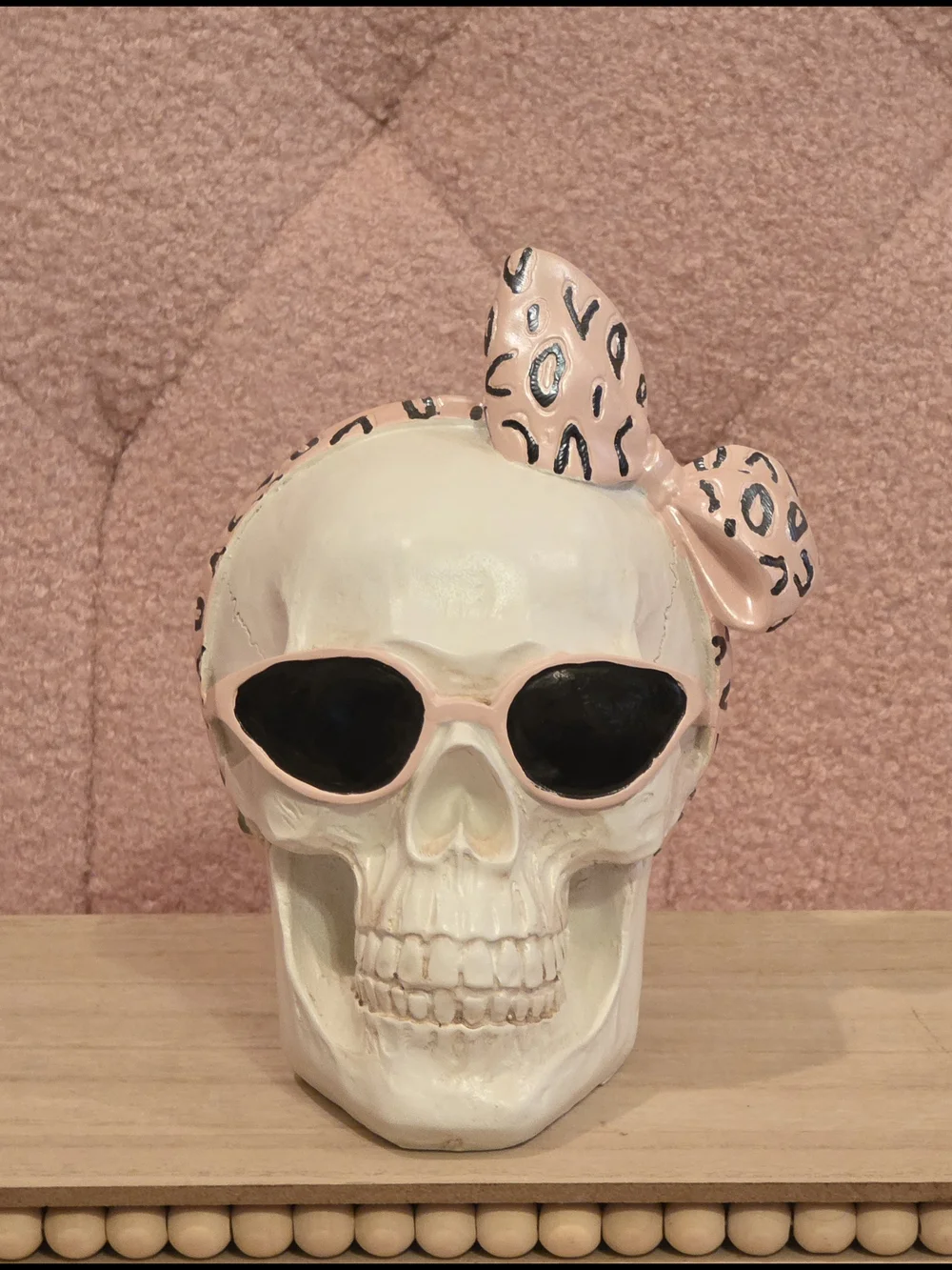 Pink Leopard Bow Skull Figurine with Sunglasses